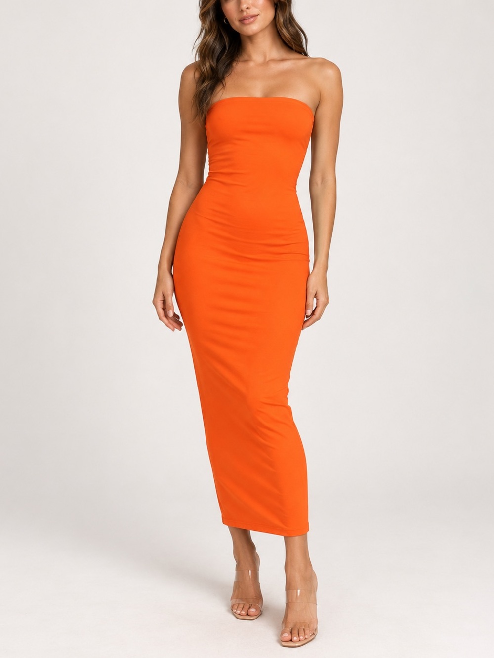 NWT naked wardrobe Strapless Stretchy Orange Bodycon Midi Dress